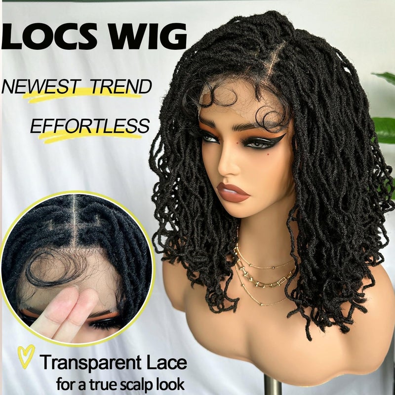 سوكو شعر مستعار SOKU Curly Faux Locs Lace Frontal Wigs بطول 14 بوصة، أسود طبيعي، 4x4، شعر مستعار قصير مزدوج الدانتيل للنساء ذوات البشرة السمراء، شعر مستعار صناعي مضفر على شكل ضفائر أفرو مجعدة - Image 3